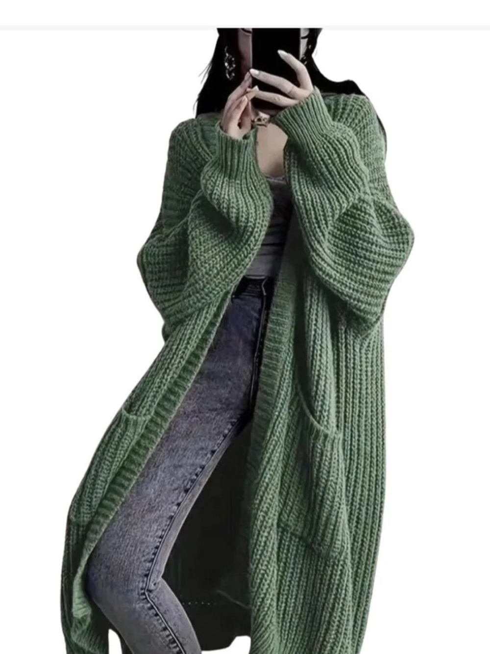 Long Open-Front Chunky Knit Cardigan - Green